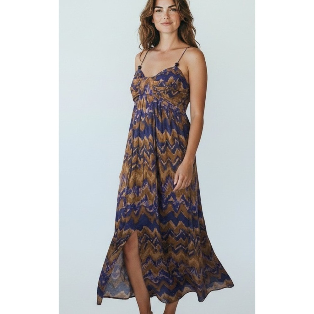 Banana Republic Midi Dress Size‎ 4 Blue Brown Excellent Ikat Chevron Cotton NWOT